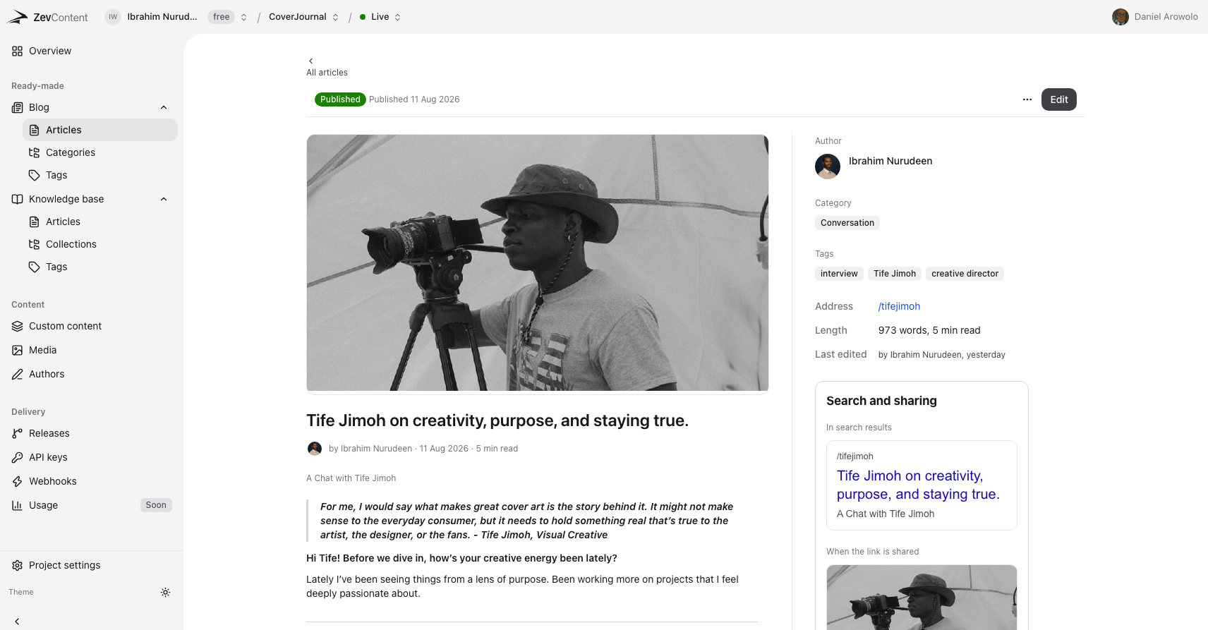 A published article in the ZevContent dashboard, with its cover image, author, category, tags, address and length beside it, and a preview of how it appears in search results