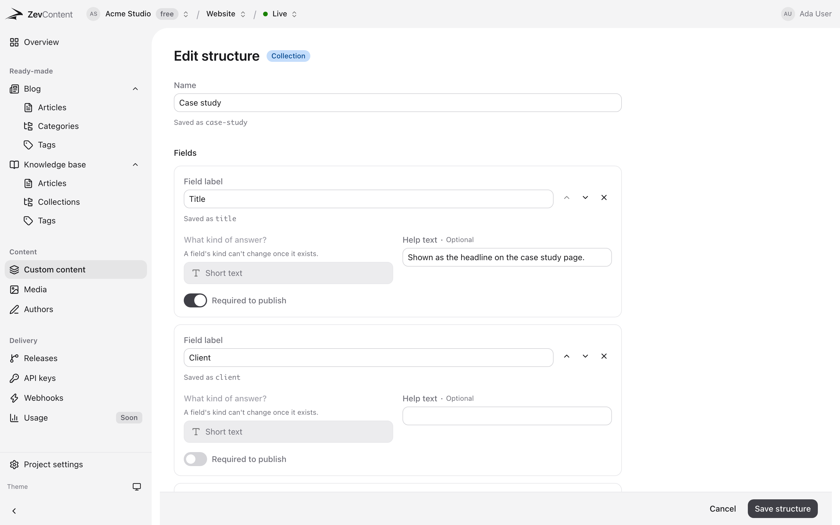The ZevContent content type builder showing fields and their types