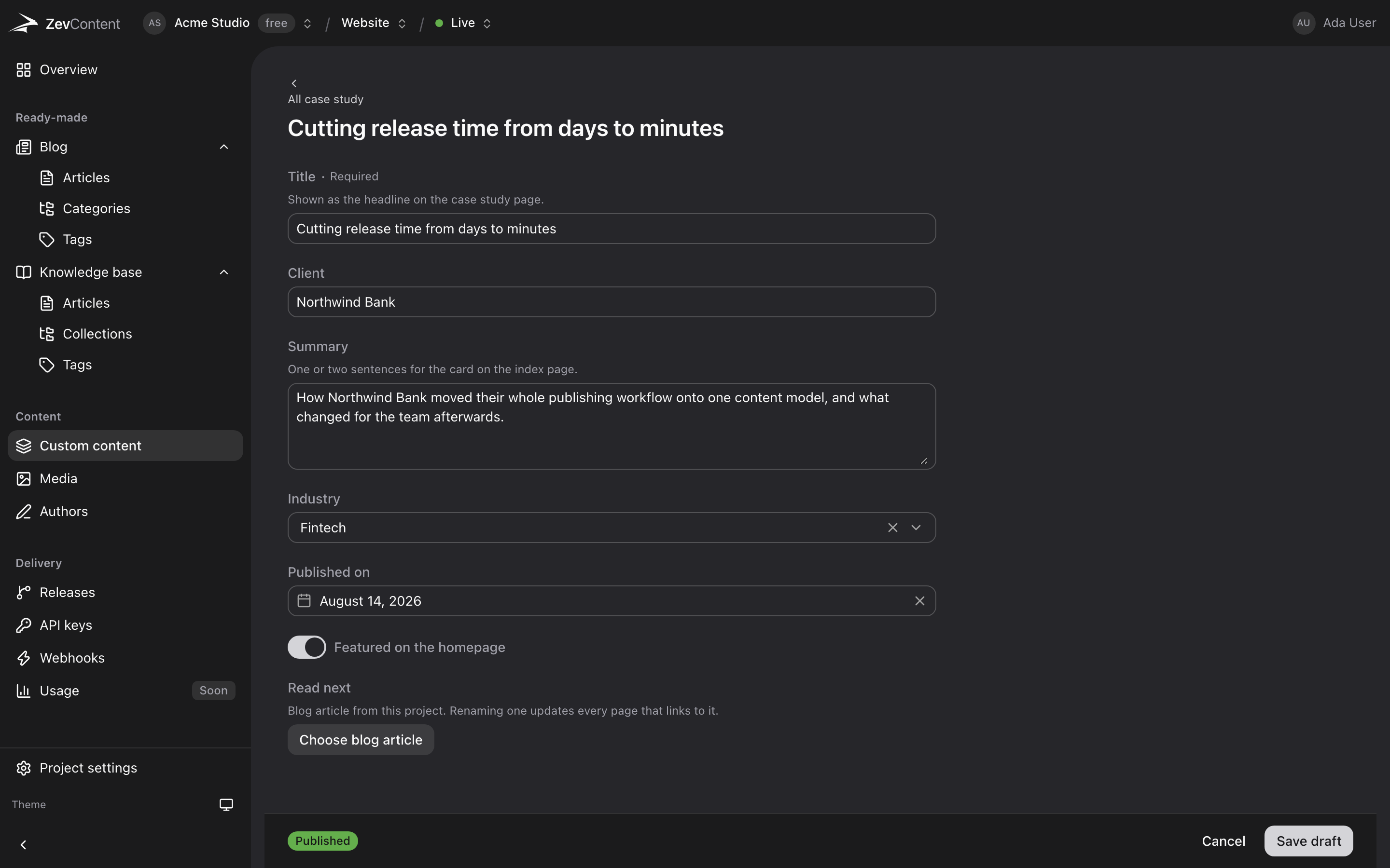 The ZevContent dashboard editing a case study, in dark mode