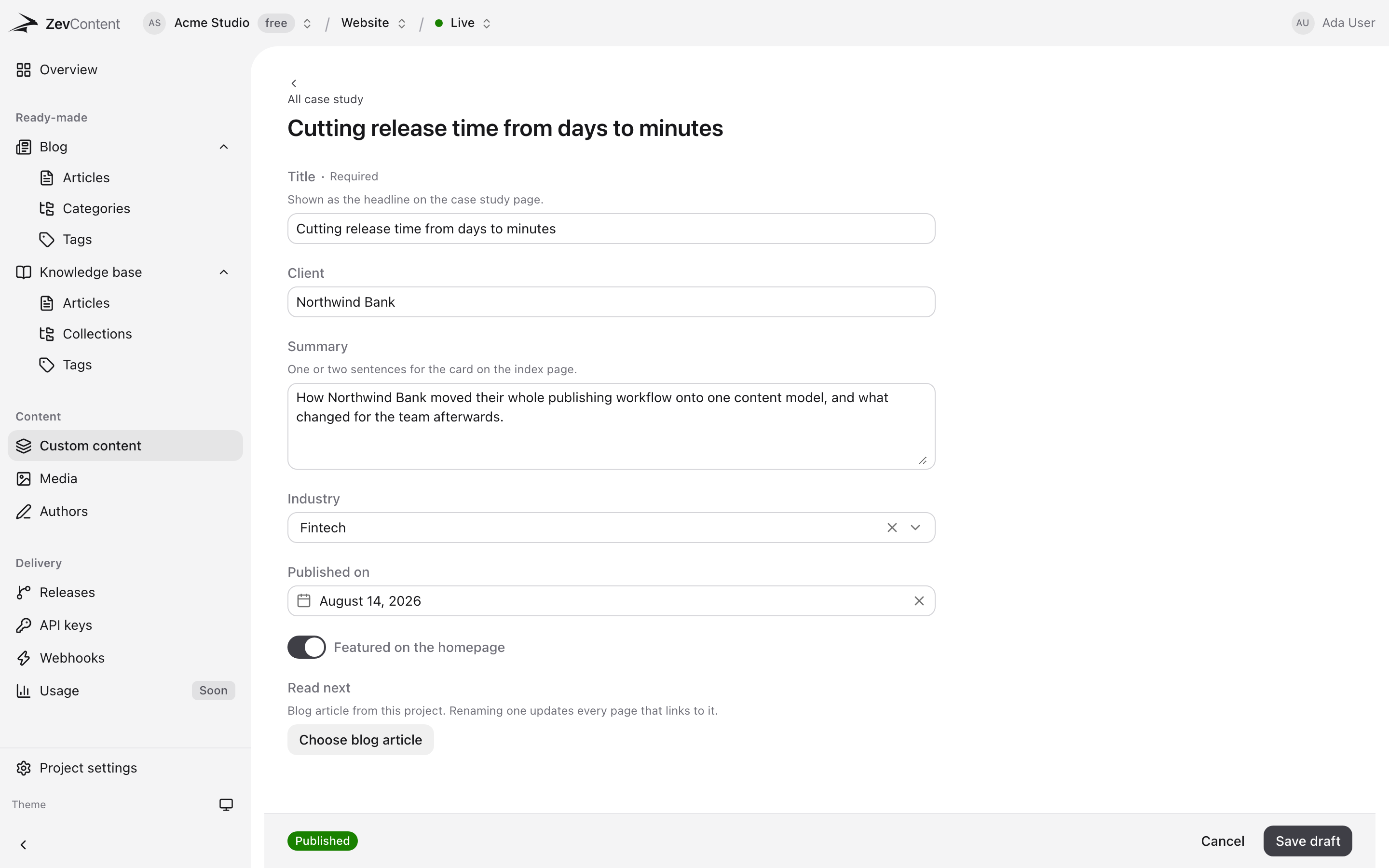 The ZevContent dashboard editing a case study, showing labelled fields, a date picker, a toggle and a link picker