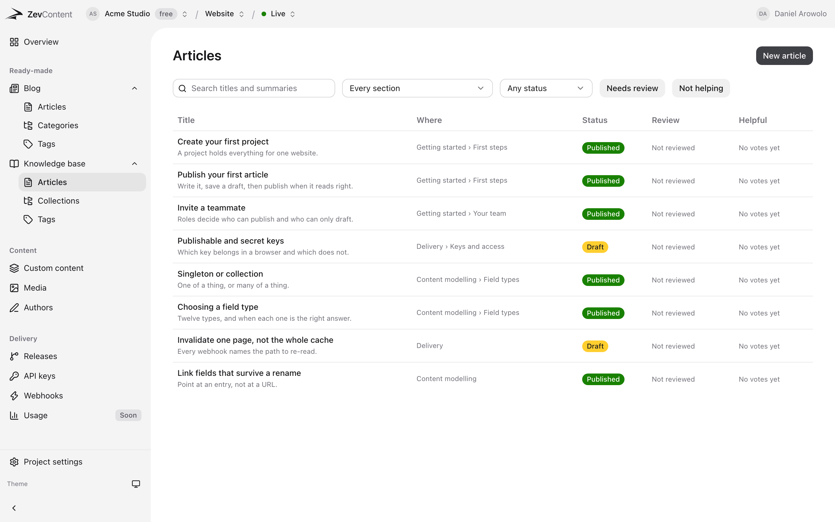 Knowledge base articles in the ZevContent dashboard, each showing the collection and section it sits in, its status and its helpful votes