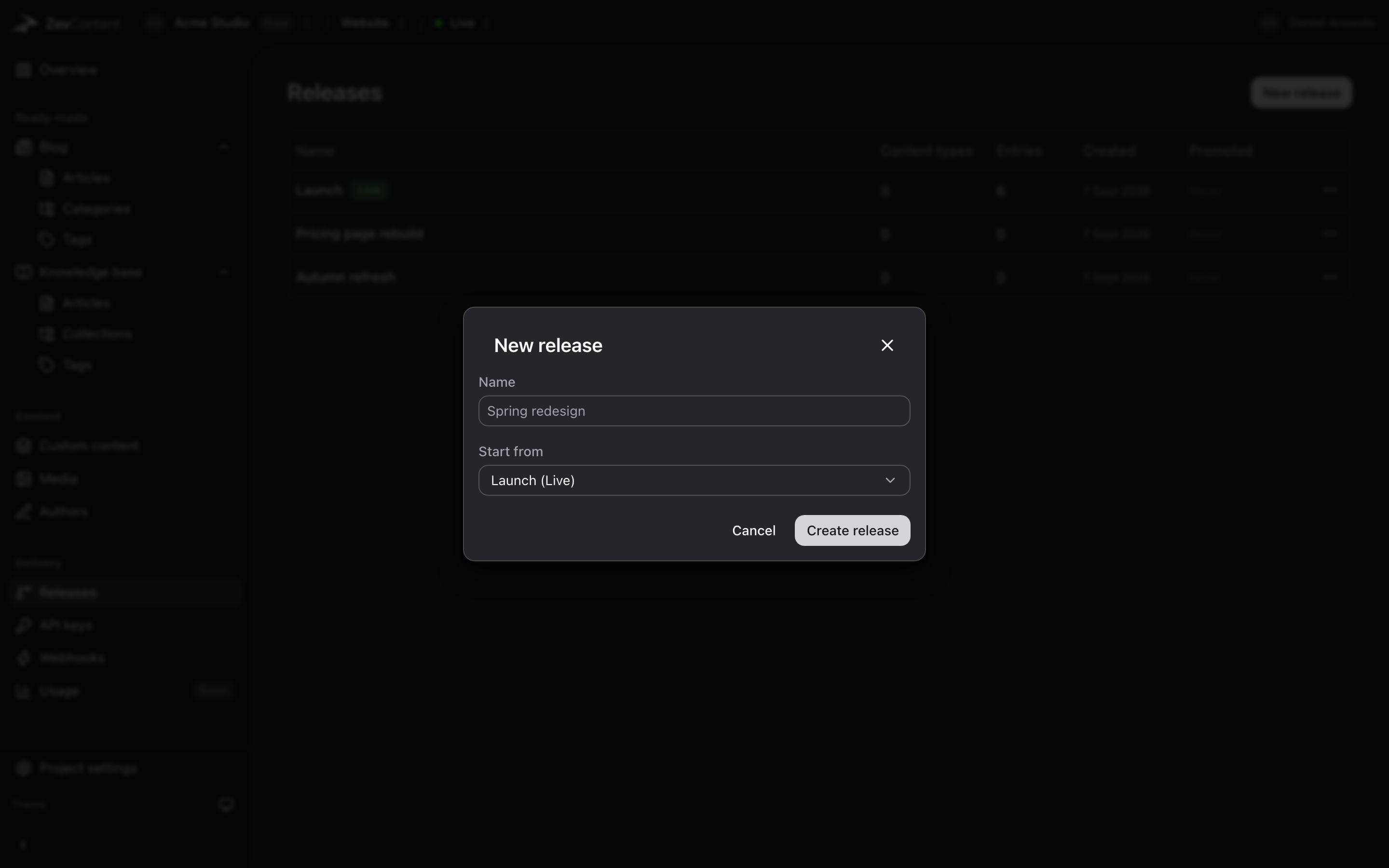 Creating a release in ZevContent, with a Start from menu set to the live release so the new one begins as a copy