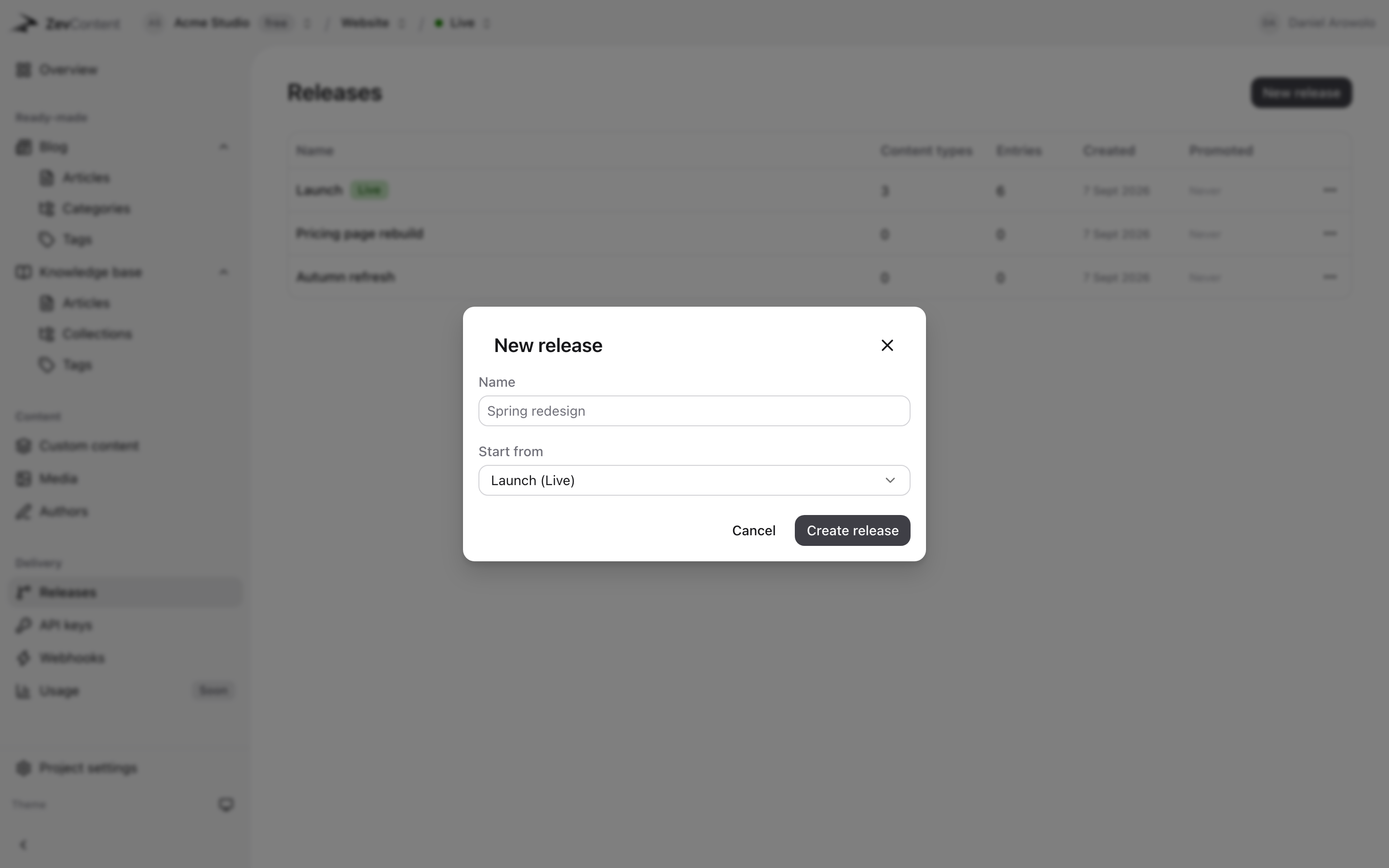 Creating a release in ZevContent, with a Start from menu set to the live release so the new one begins as a copy