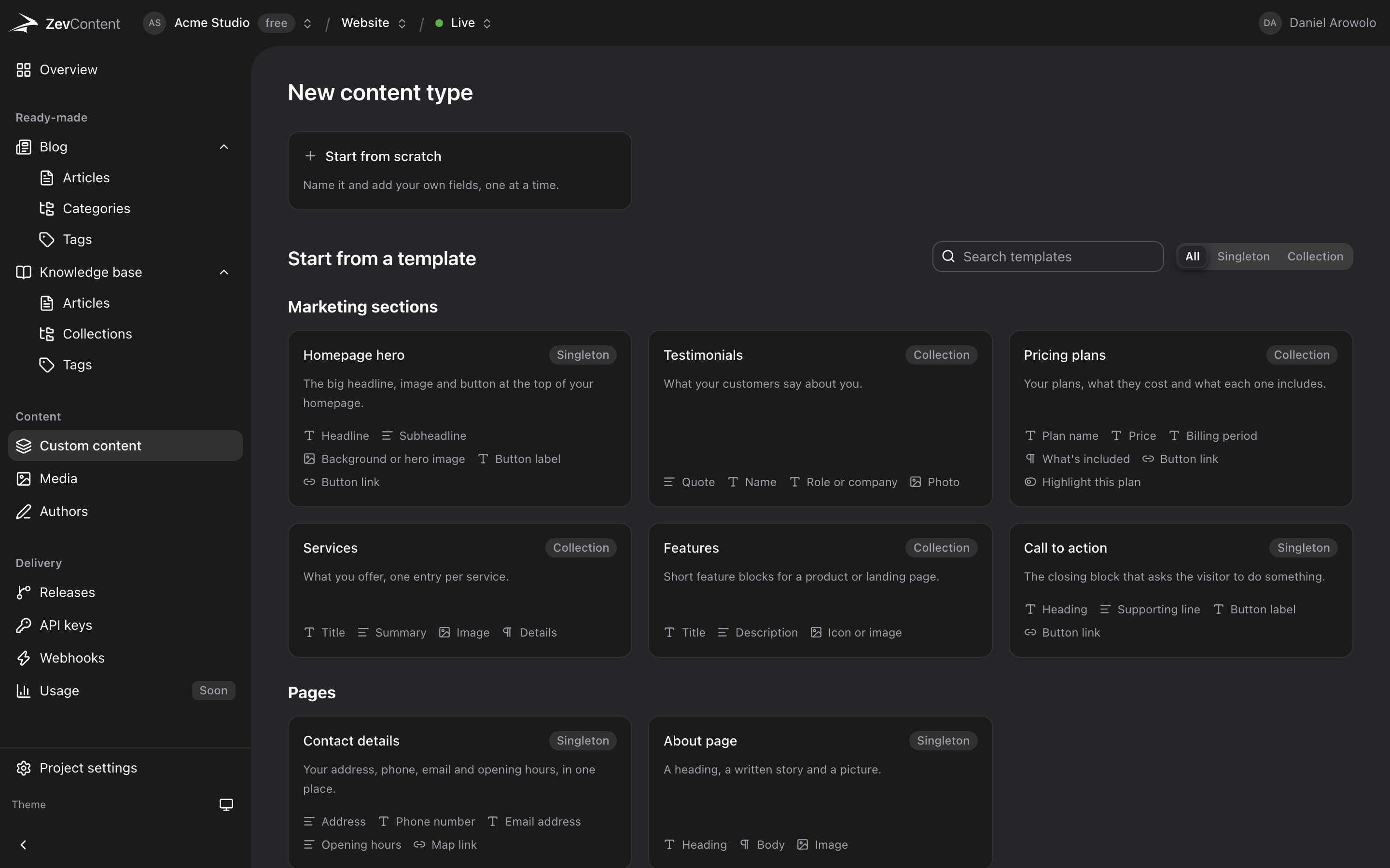 The new content type screen in ZevContent, showing ready-made templates for a homepage hero, testimonials, pricing plans, services, features and a call to action