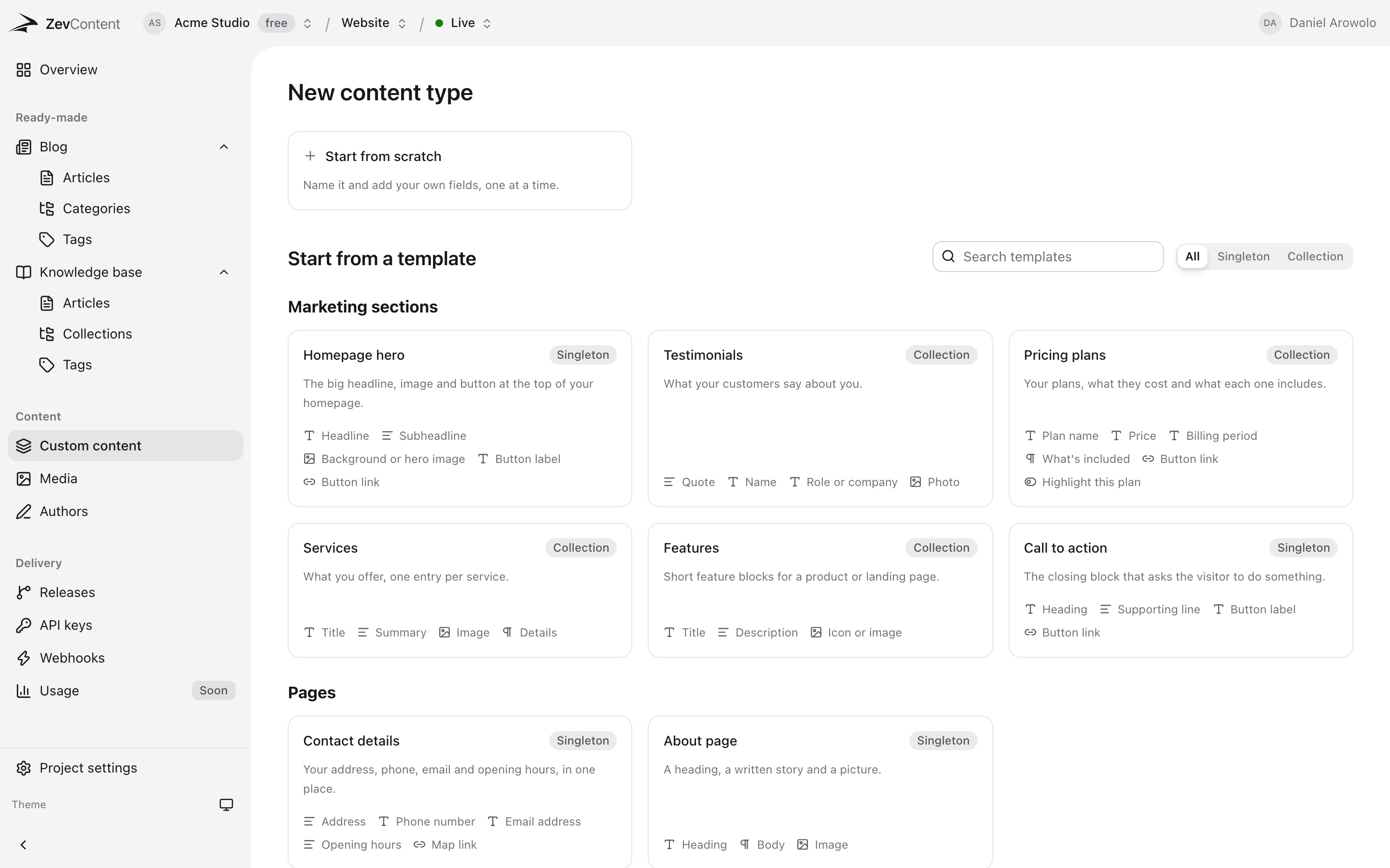 The new content type screen in ZevContent, showing ready-made templates for a homepage hero, testimonials, pricing plans, services, features and a call to action