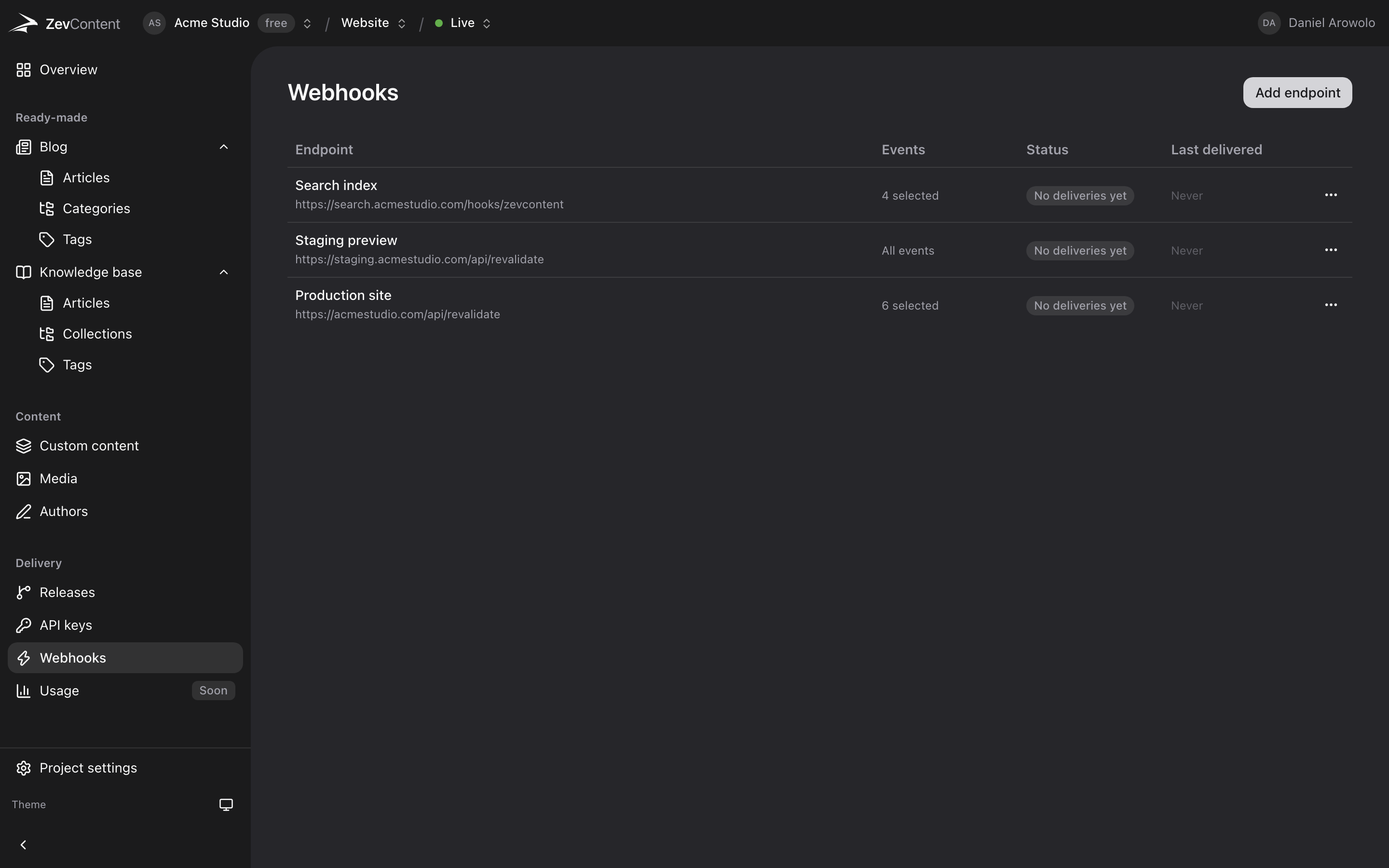Webhook endpoints in the ZevContent dashboard, each with the events it subscribes to and its delivery status