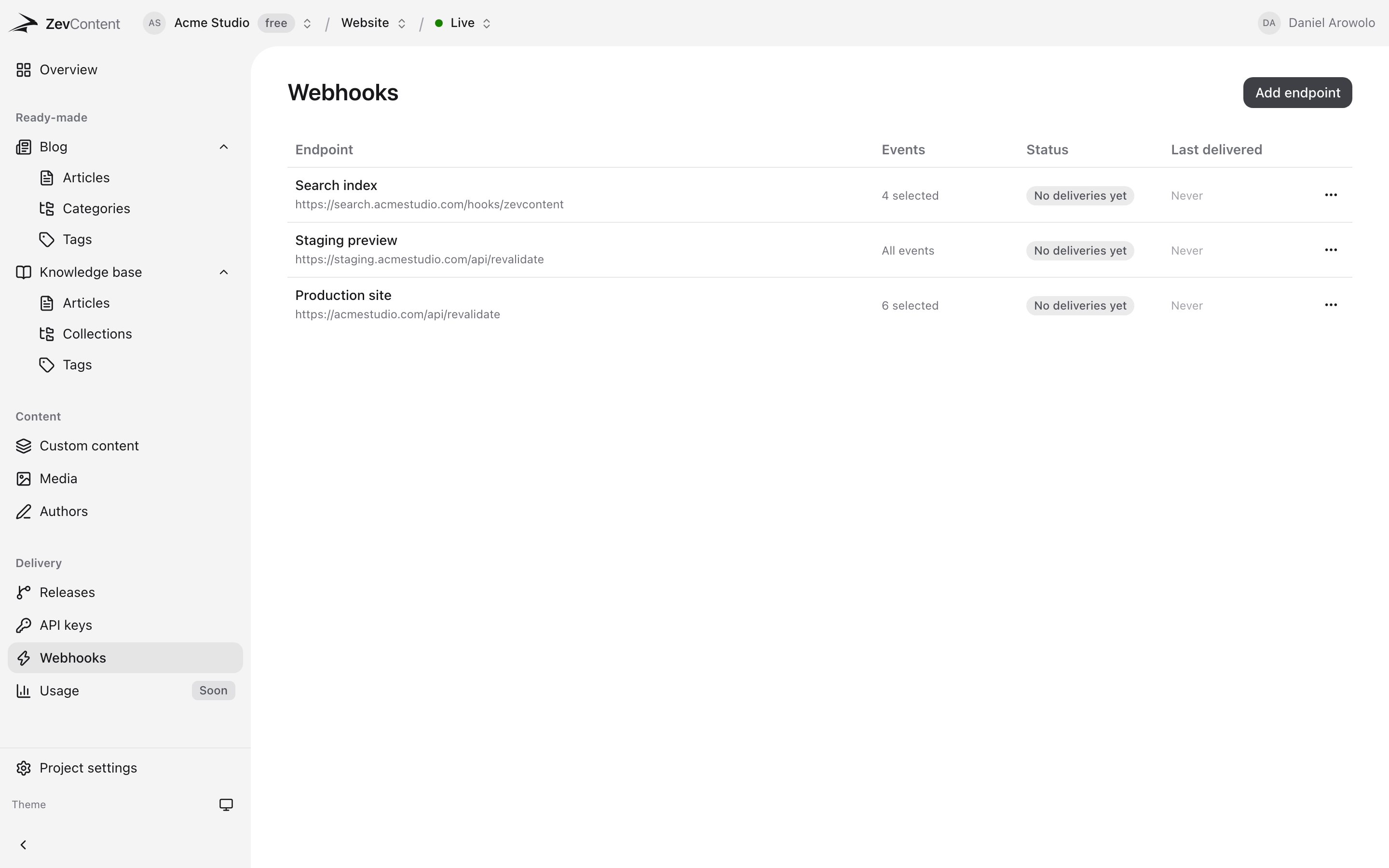 Webhook endpoints in the ZevContent dashboard, each with the events it subscribes to and its delivery status