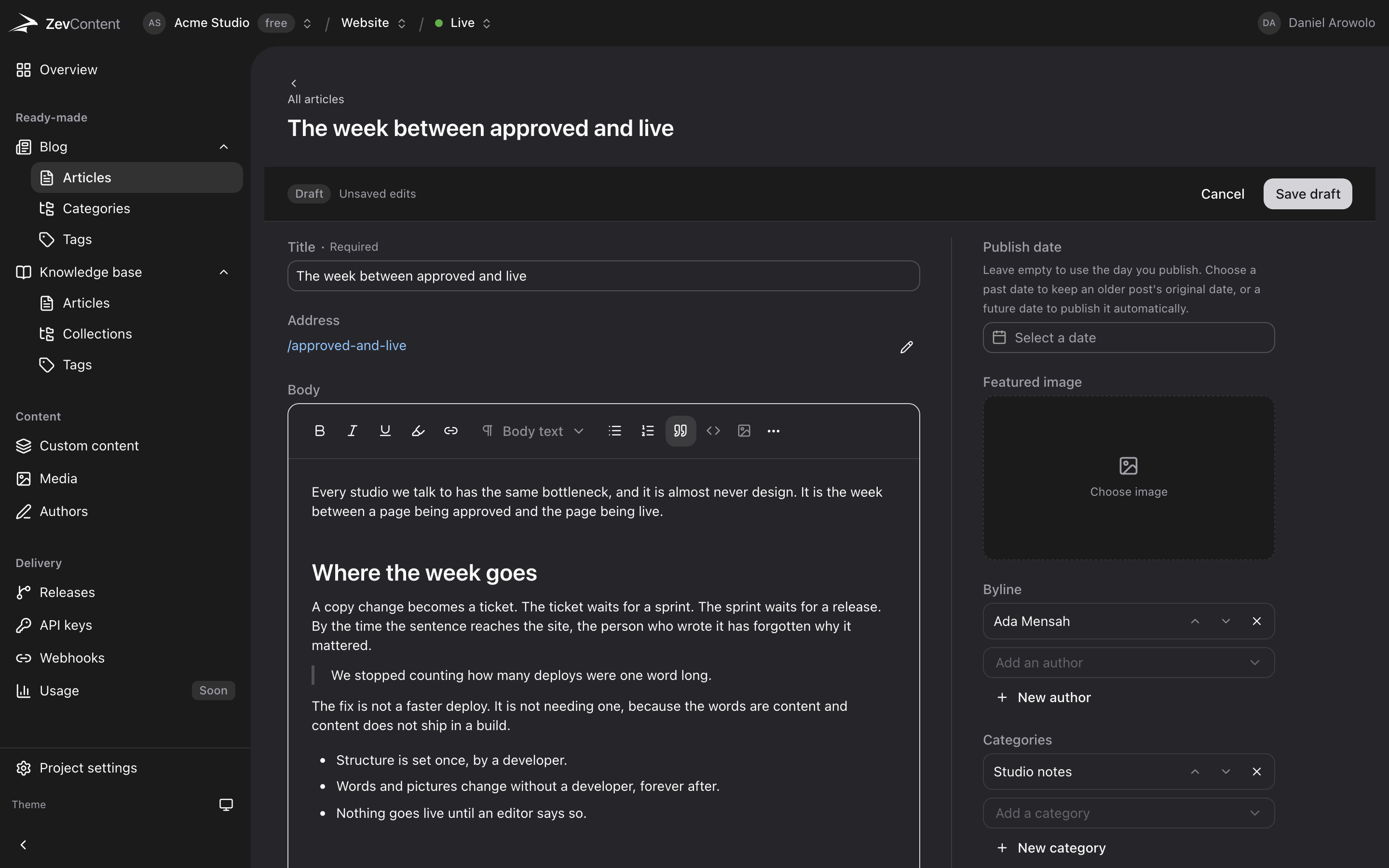 Writing a blog article in ZevContent: a rich text editor with headings, a quote and a list, beside a panel holding the publish date, cover image, byline and category