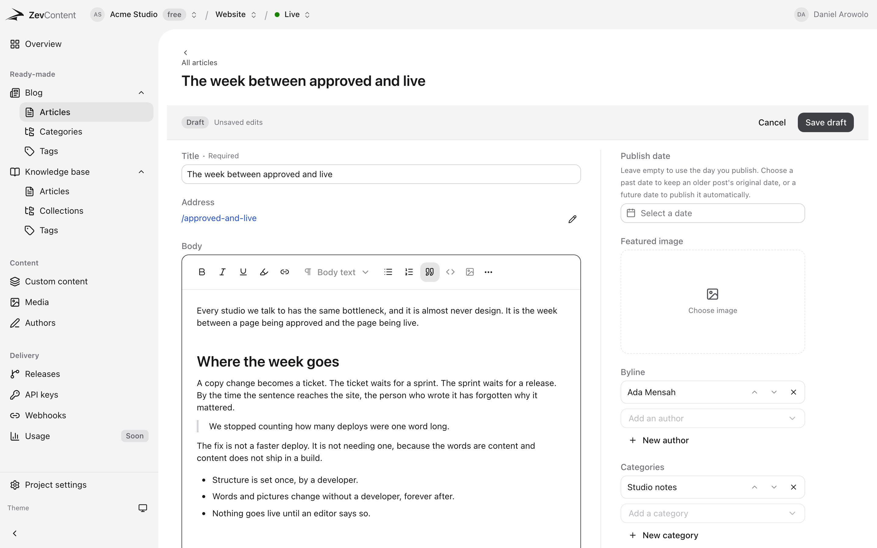 Writing a blog article in ZevContent: a rich text editor with headings, a quote and a list, beside a panel holding the publish date, cover image, byline and category
