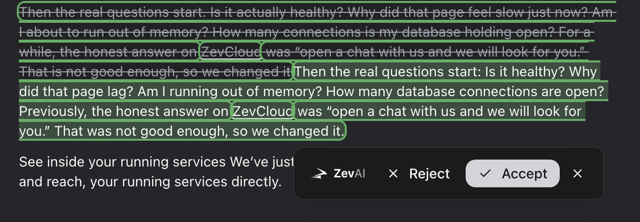 A paragraph in the editor with ZevAI's suggestion shown as a tracked change: the original wording struck through above, the shorter replacement highlighted below it, and a bar offering Reject or Accept.