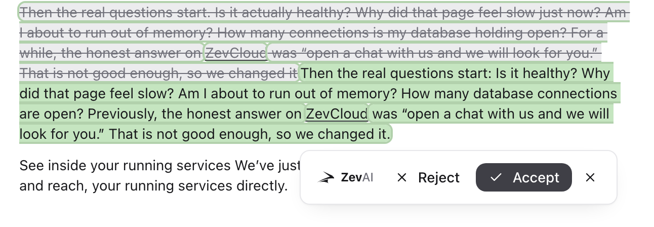 A paragraph in the editor with ZevAI's suggestion shown as a tracked change: the original wording struck through above, the shorter replacement highlighted below it, and a bar offering Reject or Accept.