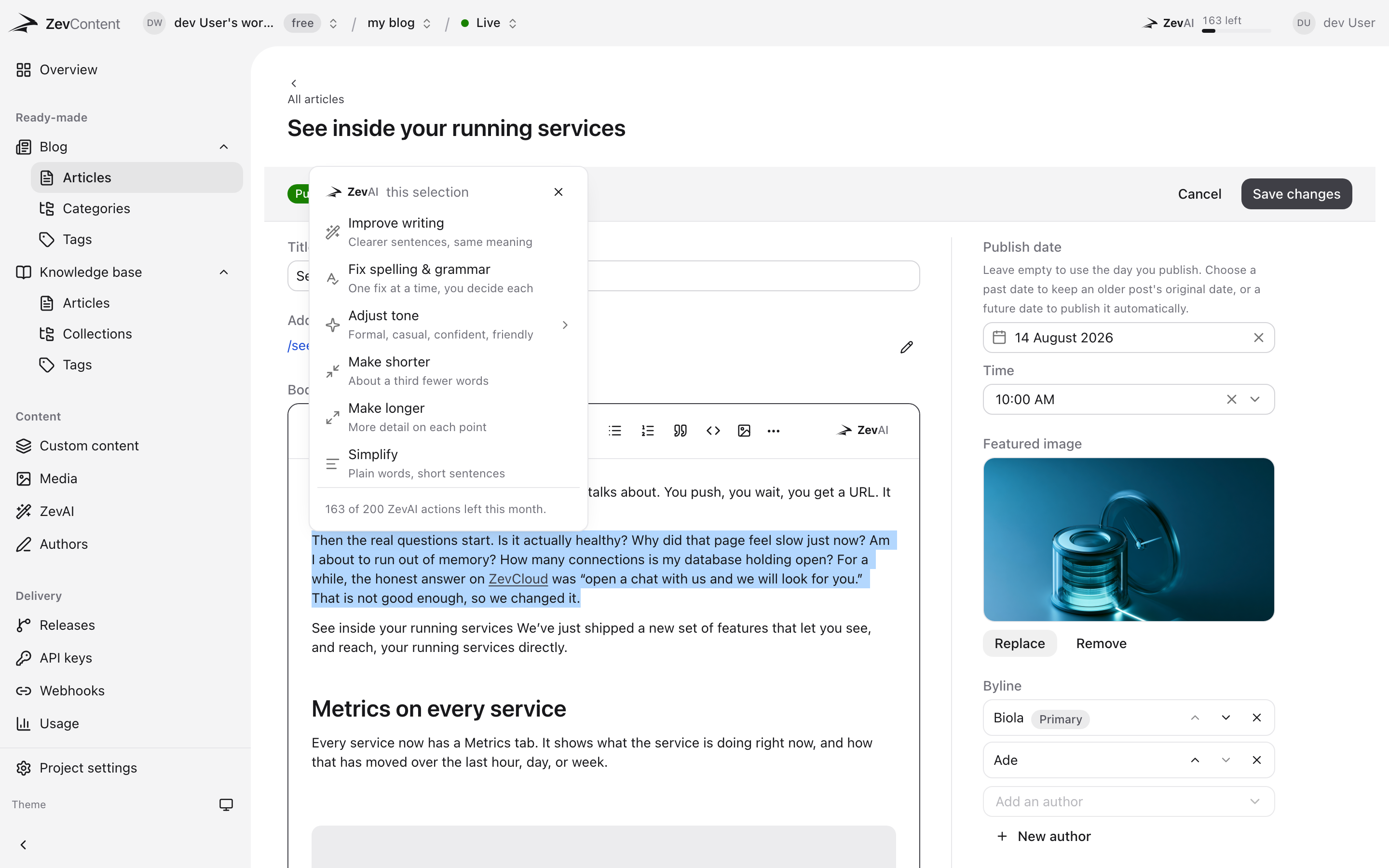 The ZevAI menu open over a highlighted paragraph in the ZevContent editor, offering to improve the writing, fix spelling and grammar, adjust tone, make the passage shorter or longer, and simplify it. The foot of the menu reads 161 of 200 ZevAI actions left this month.