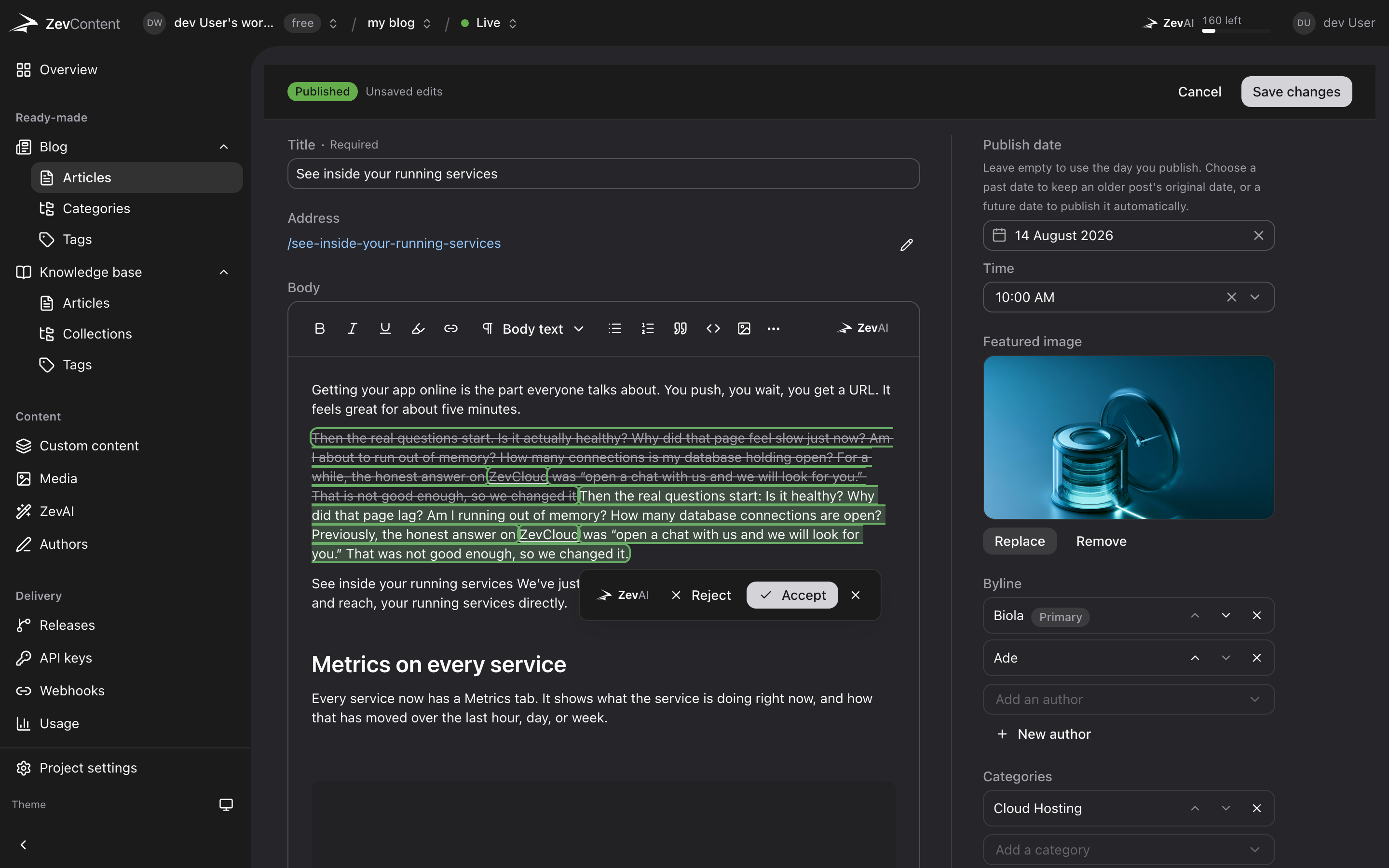 ZevAI has suggested a shorter version of a paragraph in the ZevContent editor. The original words are struck through and the suggested words are highlighted beneath them, with Reject and Accept buttons beside the change.