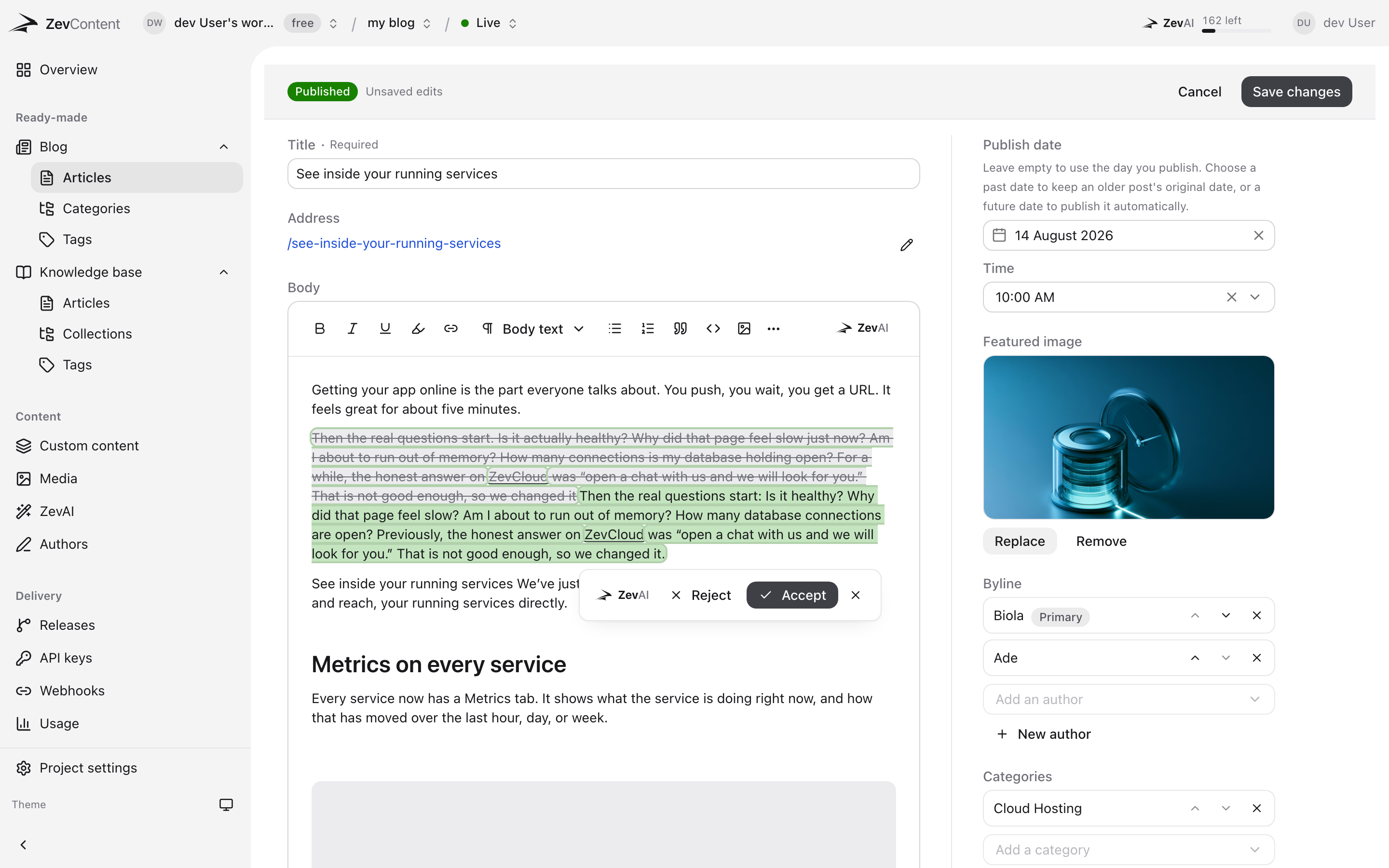 ZevAI has suggested a shorter version of a paragraph in the ZevContent editor. The original words are struck through and the suggested words are highlighted beneath them, with Reject and Accept buttons beside the change.
